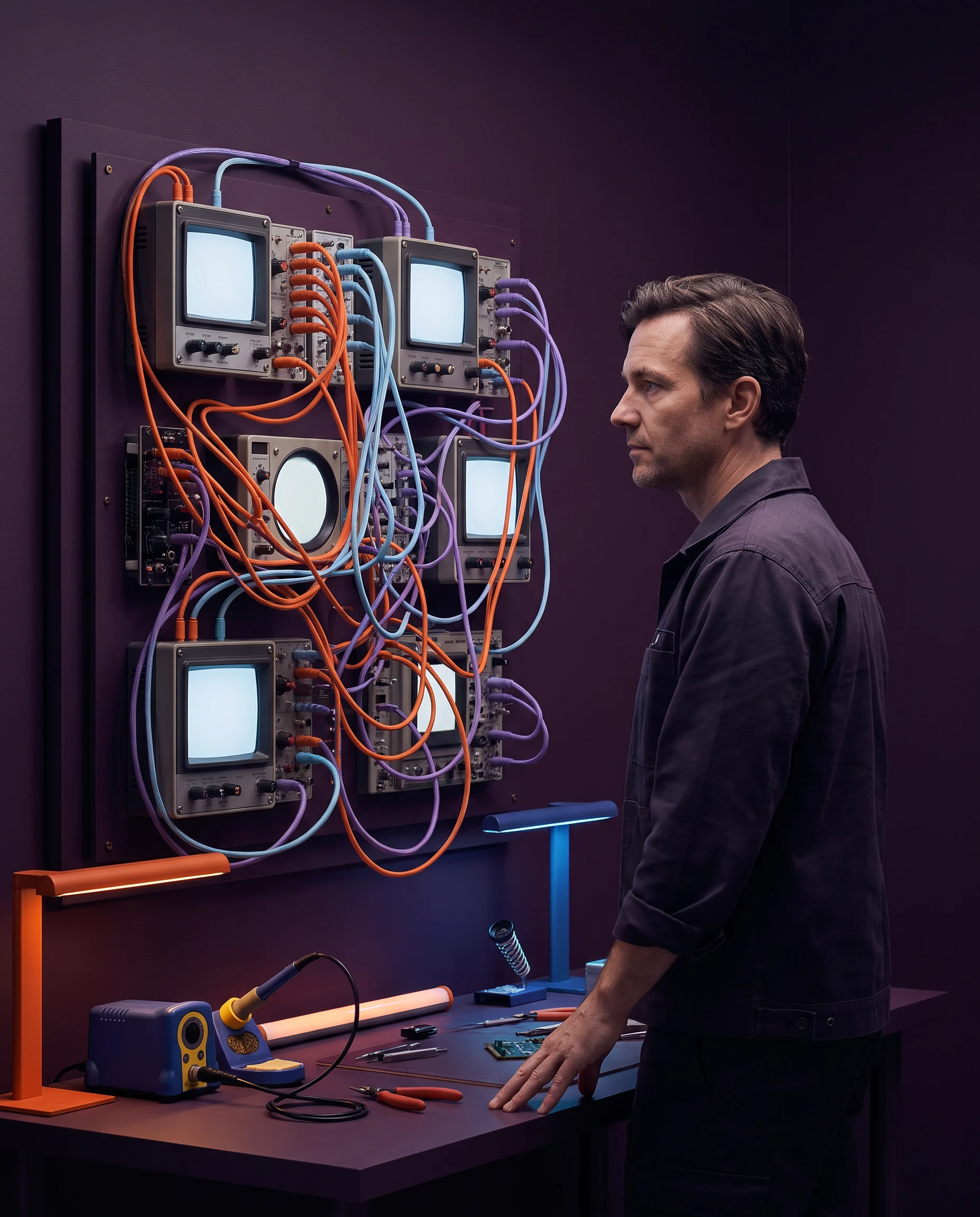 A relay technician standing beside an illuminated wall of connected cables