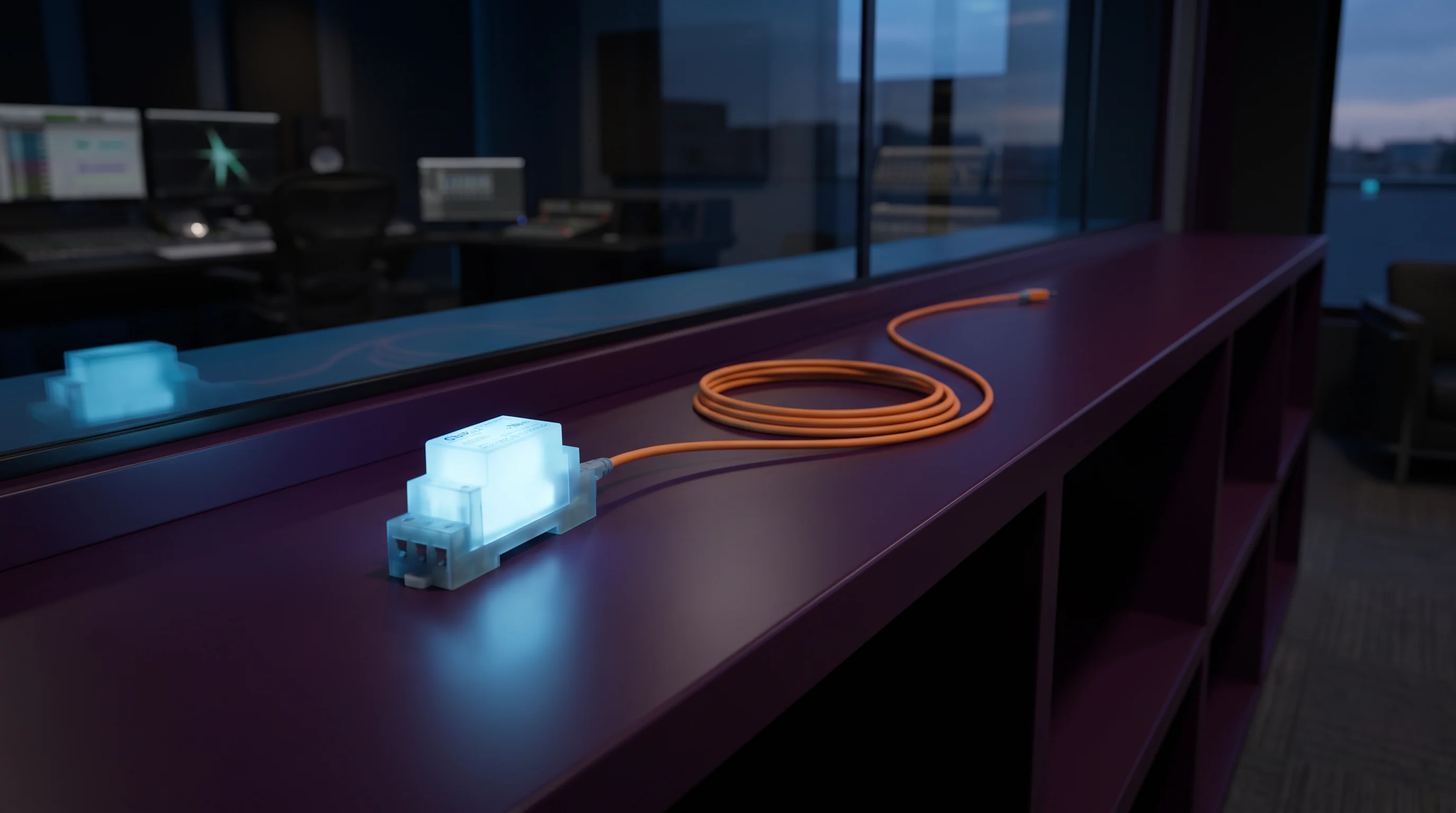 A small glowing packet beside an orange cable on a dark relay surface