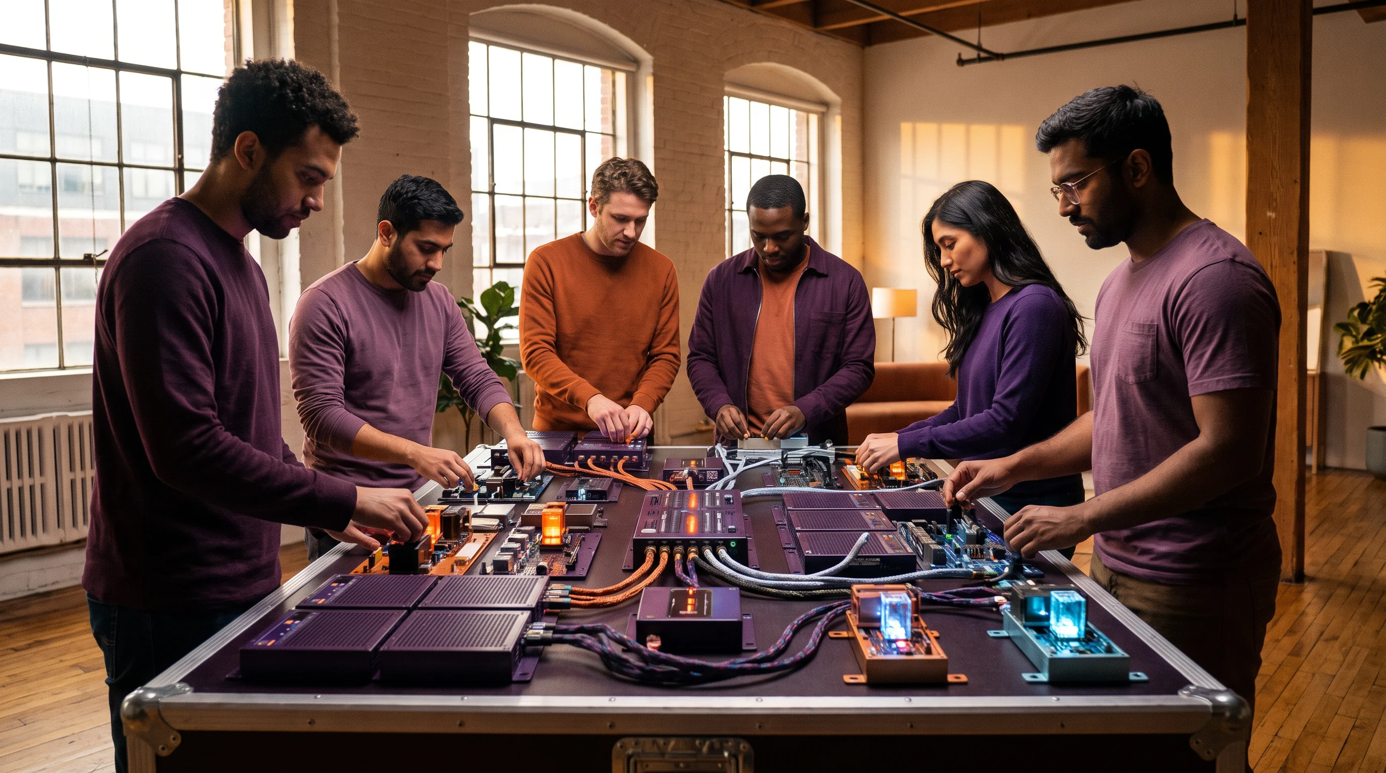 A small group gathered around a table where cables and relay equipment are being assembled