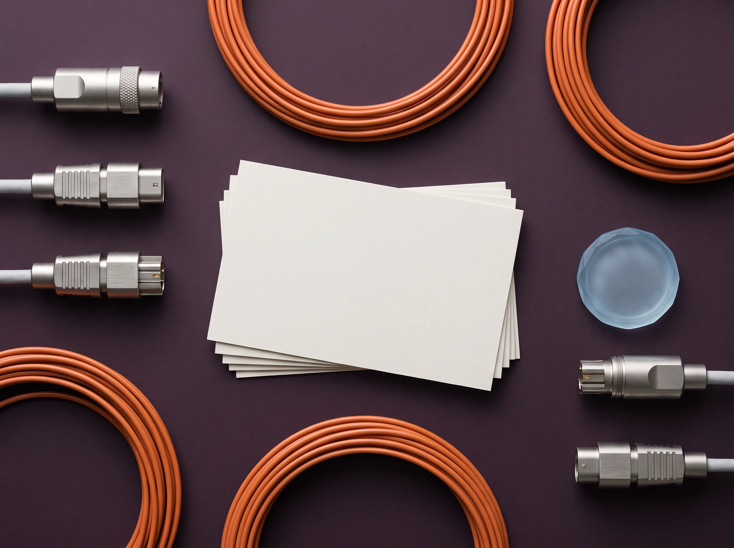 Orange cables, metal connectors and blank message cards arranged on a deep aubergine work surface