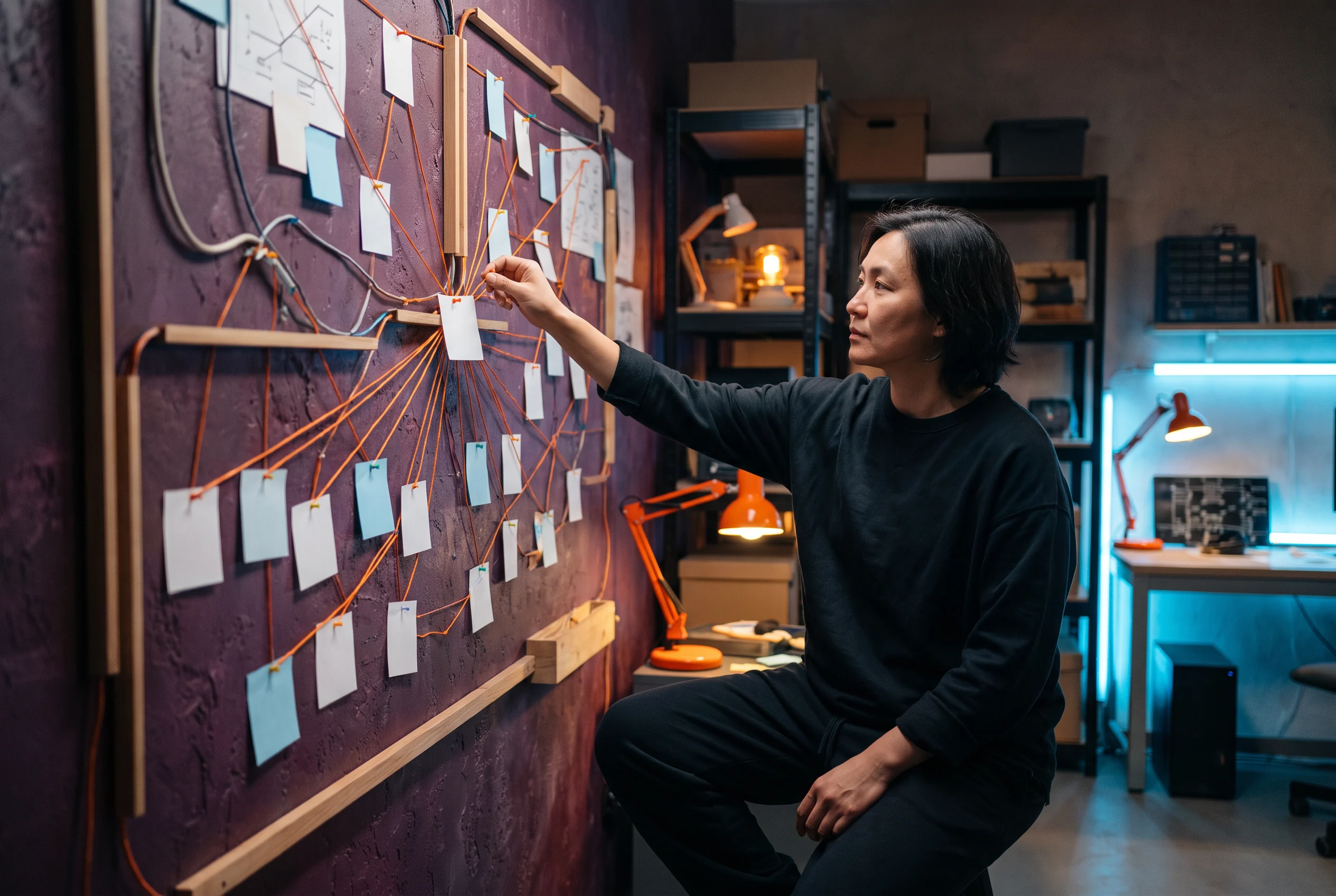 A person reviewing a wall of pinned route notes and message cards