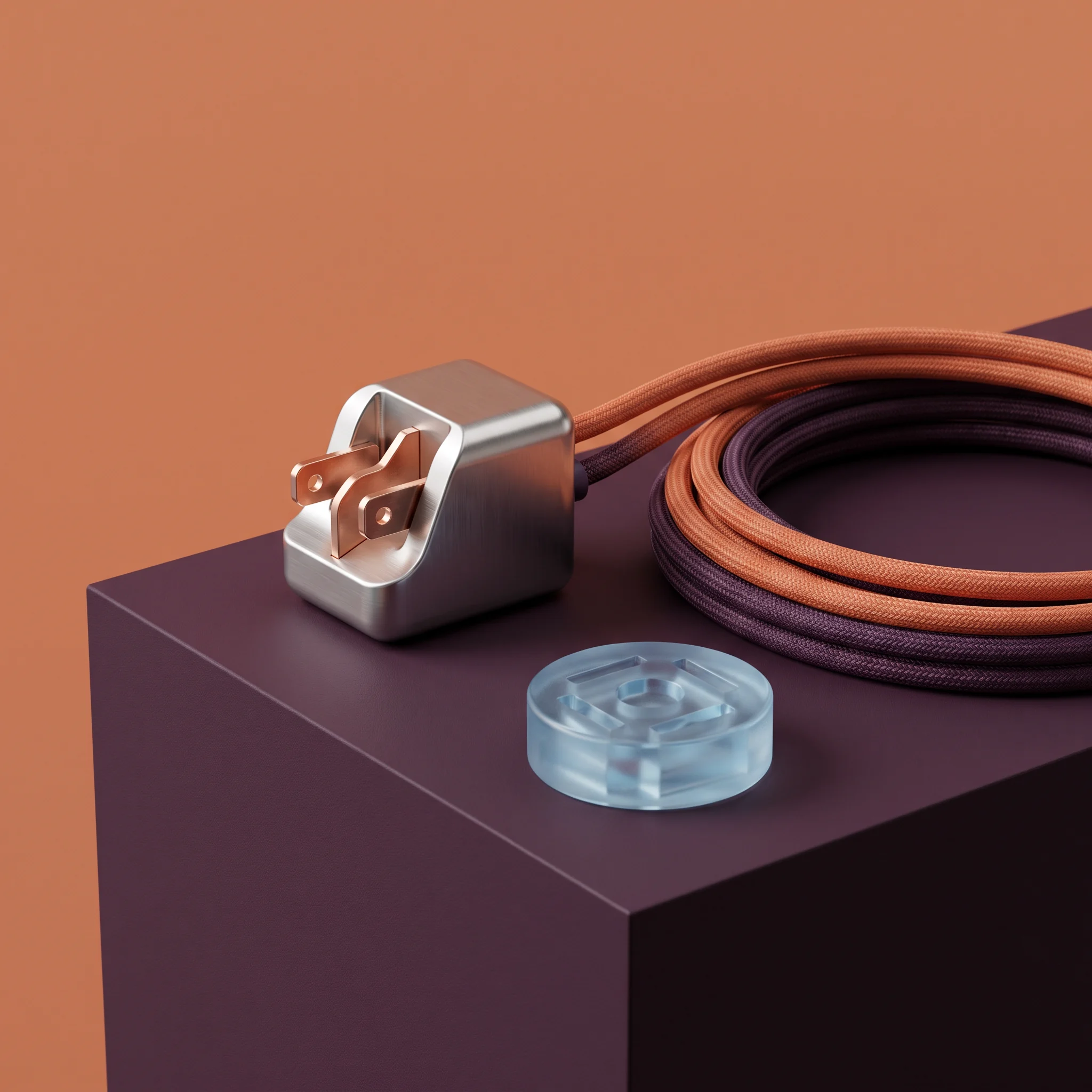 A polished metal cable clasp and coiled cable presented on an aubergine plinth