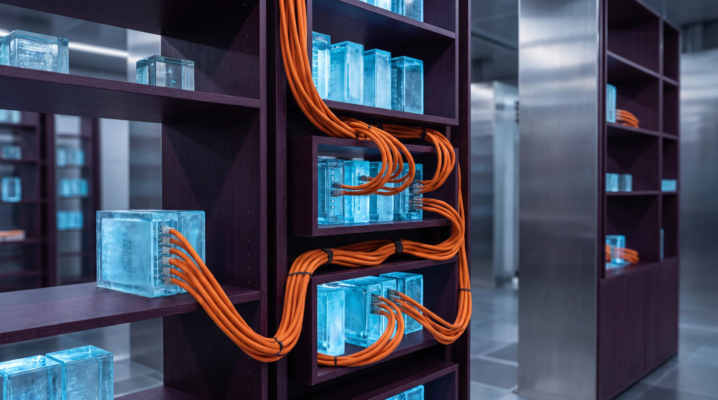 Cables looping through a tall relay shelving wall with softly lit blue packet compartments