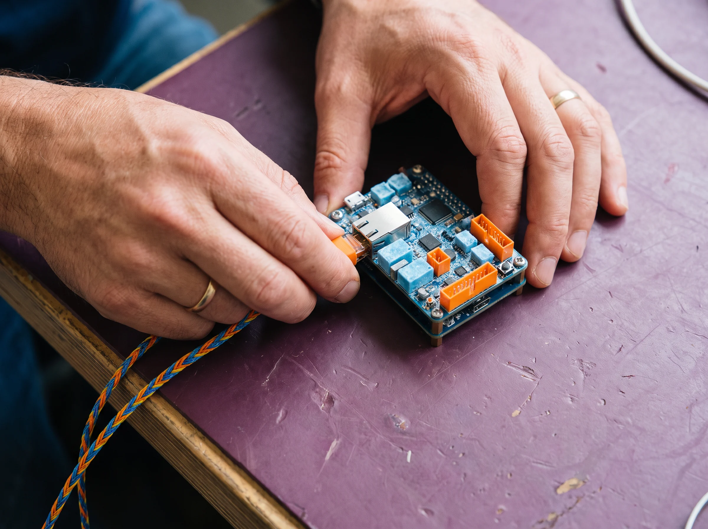 Hands fitting small electronic parts and orange wires onto a relay board