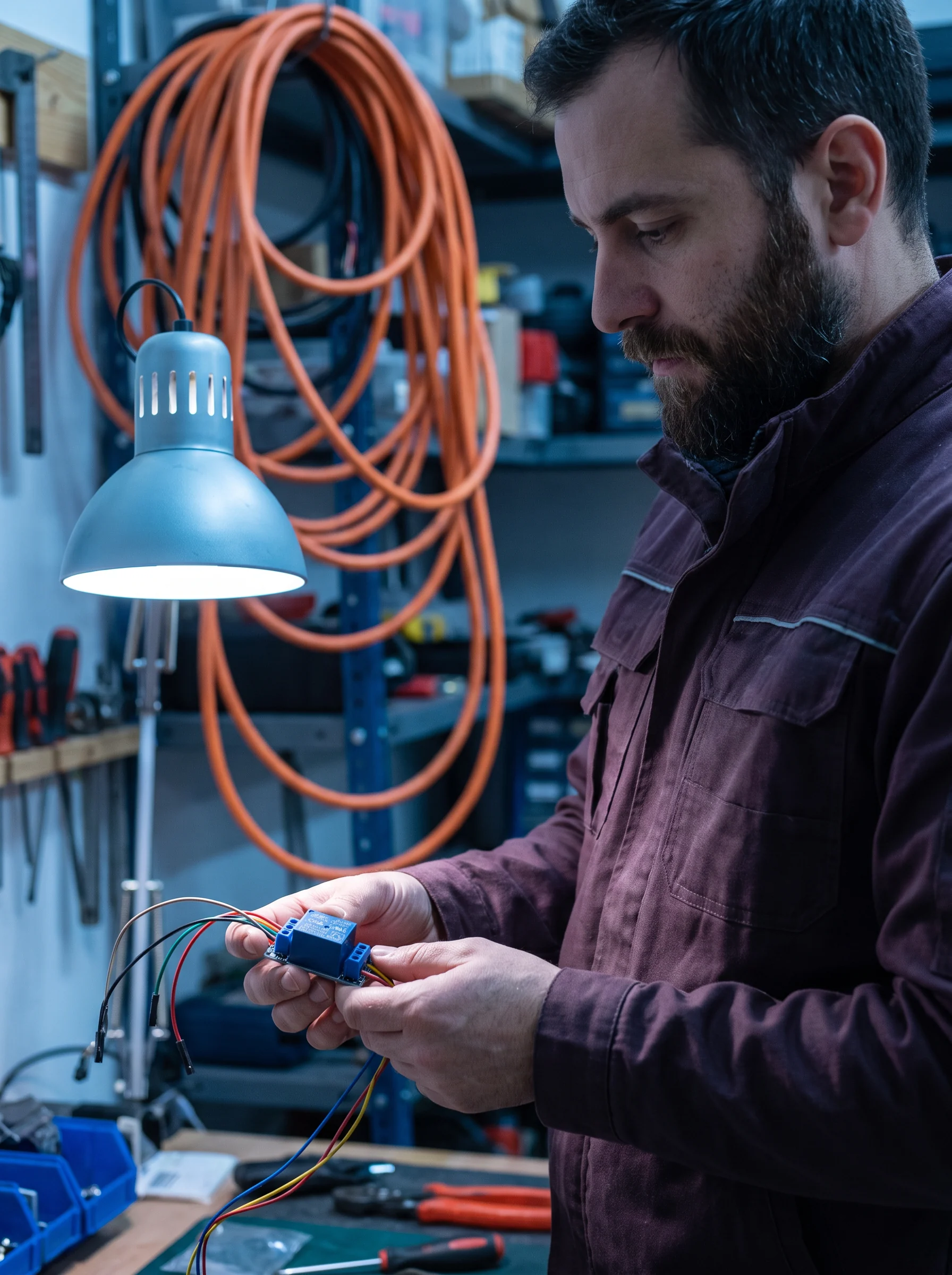 A person working with a handheld relay device beside coiled orange cables