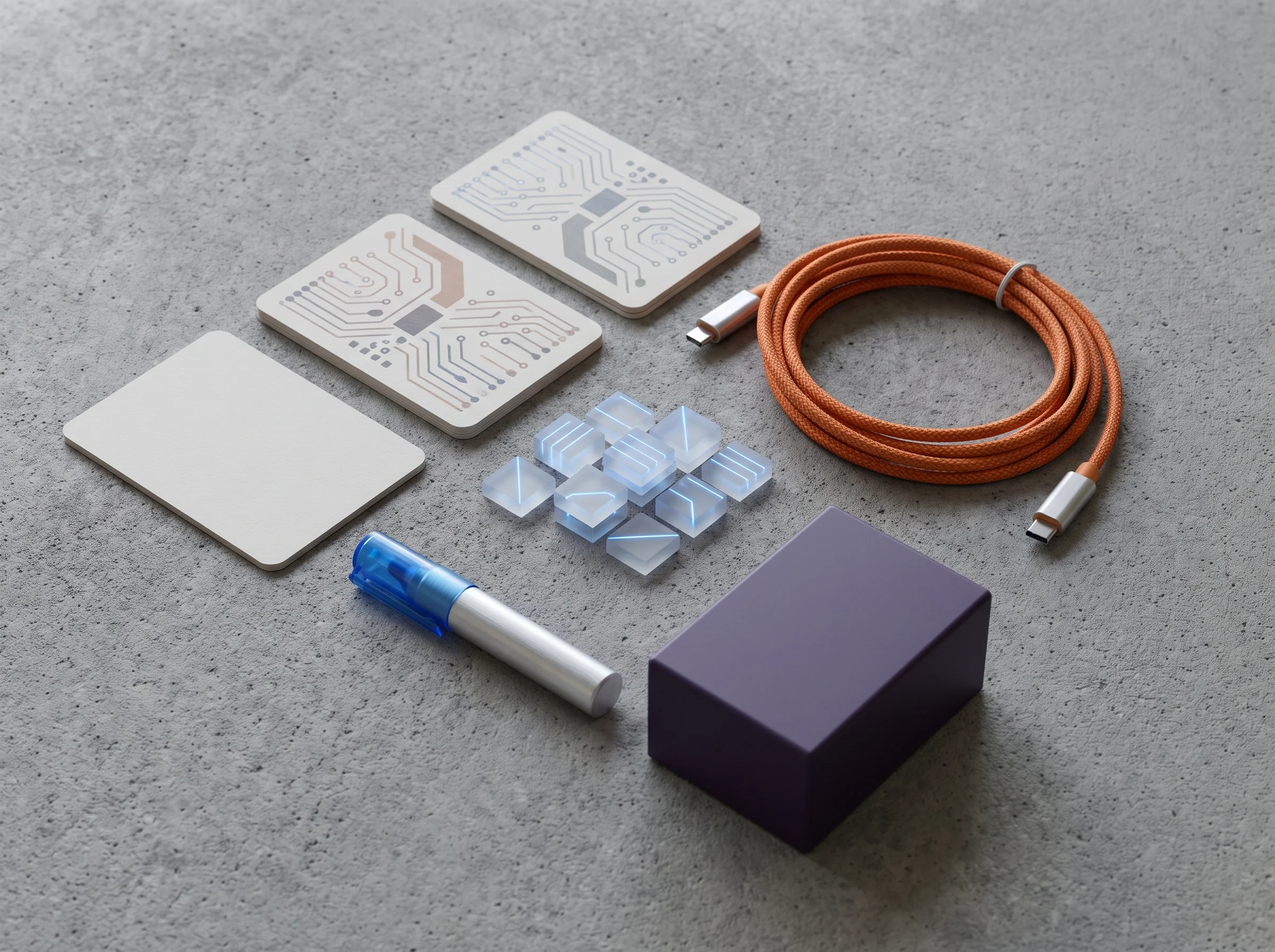Unassembled relay components, message cards, a marker and an orange cable resting on a work surface